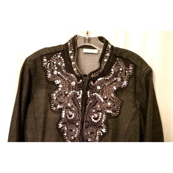 Chico's Sequin Beaded & Embroidered Black Denim Jacket Size 3 Boutique CHIC - Picture 1 of 6